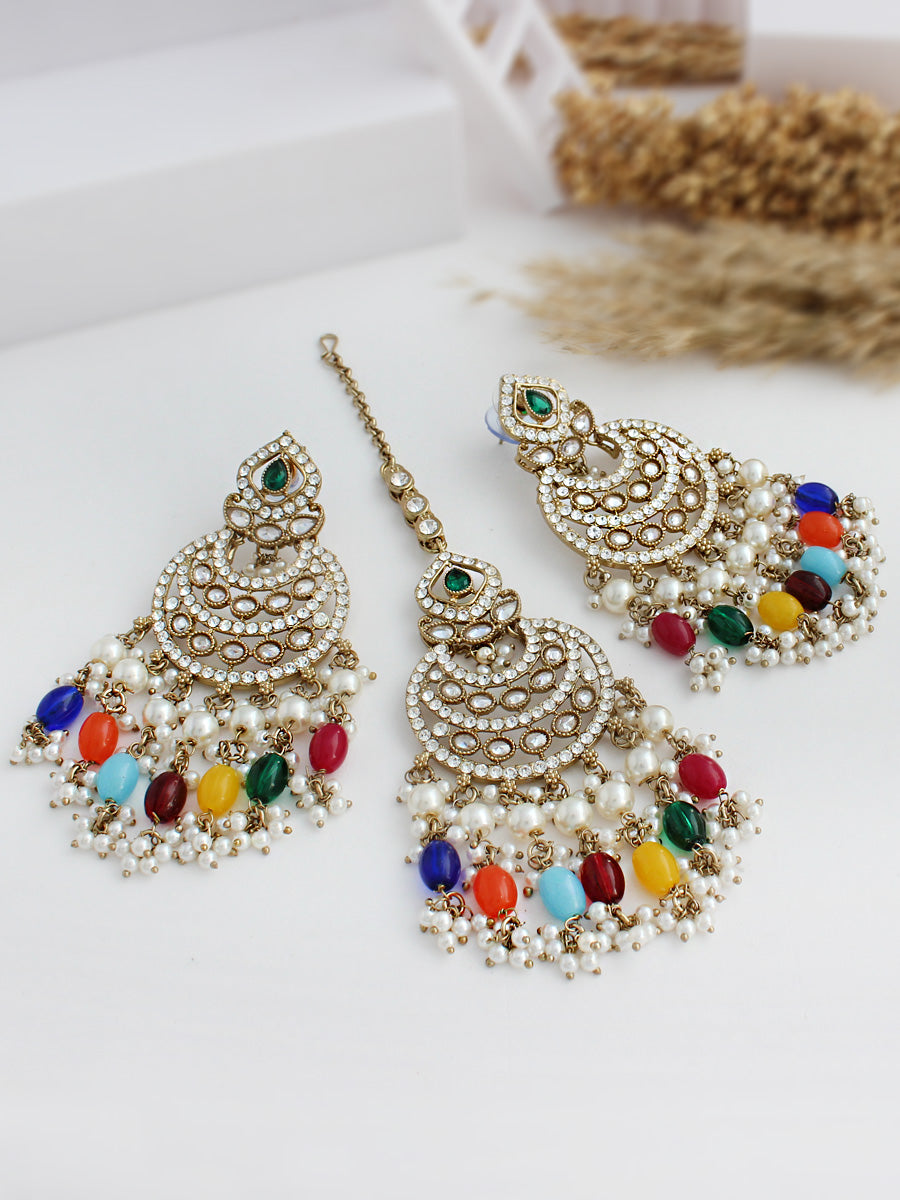 JewelMaze Meenaakri & Beads Gold Plated Dangler Earrings